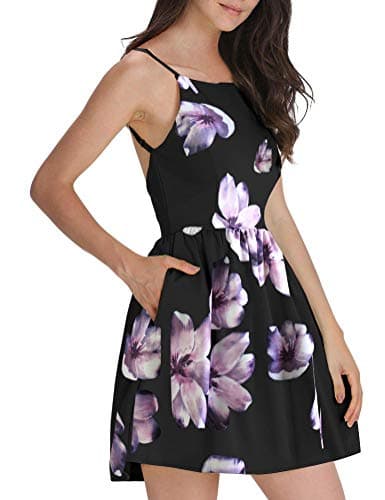 FANCYINN Women’s Floral Print Short Dress Spaghetti Strap Backless Mini Skater Dress Purple Floral XS