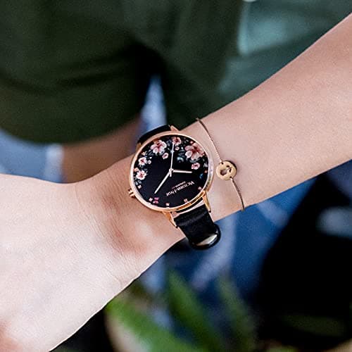 VICTORIA HYDE Women Quartz Watch Floral Face Genuine Leather Strap Black for Ladies Waterproof