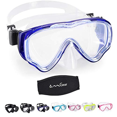 OMGear Diving Mask Snorkeling Gear Kids Adult Snorkel Mask Dive Goggles Silicone Swim Glasses Scuba Free Diving Spearfishing Anti-Leak Anti-Fog Neoprene Strap Cover Impact Resistance(Kid/Blue)