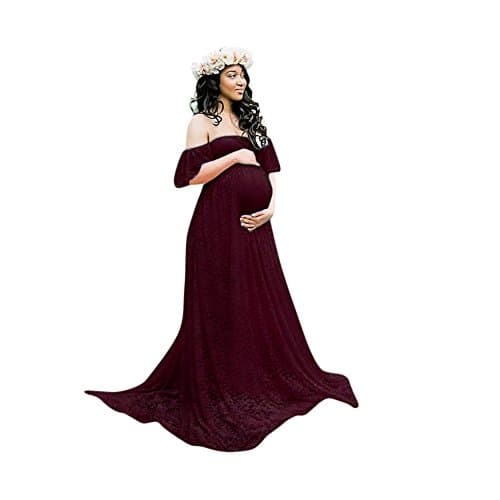 Women's Sexy Maternity Dress Lace Gown Maxi Photography Cold Shoulder Flare Sleeve Props Casual Nursing Long Dress (Wine Red, L)