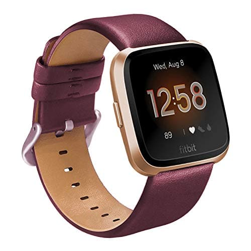 Aladrs Genuine Leather Watch Straps Compatible For Fitbit Versa Bands, Elegant Wristband Replacement For Fitbit Versa / Versa 2 / Versa Lite Edition / Versa Special Edition Smart Watches, Wine Red