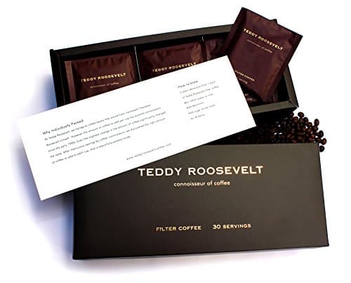 Teddy Roosevelt Coffee - 100% Arabica Luxury Ground Coffee, Medium Dark Roasted, 13 Ounce, 30 single serve sachets