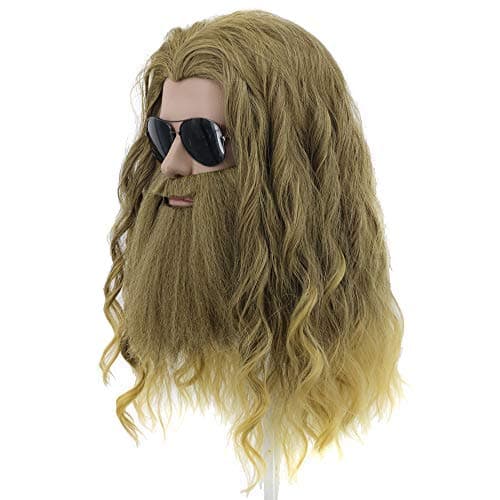 Long Curly Blonde Brown Mens Wig Superhero Cosplay Costume Hair with Big Beard Heat Resistant Synthetic Fibers Fluffy Durable Breathable Wig