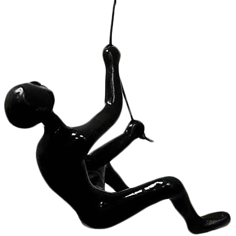 Climbing Man Wall Art for Home Decor with 30” Leather Rope | Polyresin Statues and Sculptures with Hanging Hardware Included for Modern Wall Decor and Motivational Art, Black, Set of 2
