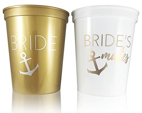 #glamist Bachelorette & Bridal Shower Nautical Theme Cups - White & Gold 16 oz Plastic Cup Set for Weddings & Engagement Parties. Get Nauti!