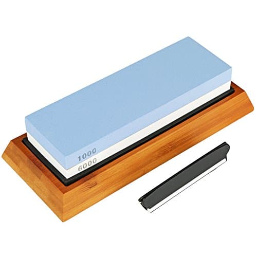 Whetstone Knife Sharpening Stone - 2 Sided 1000/6000 Grit Waterstone Knife Sharpener, Includes Non Slip Rubber and Bamboo Base with Bonus Angle Guide by Kruger Home