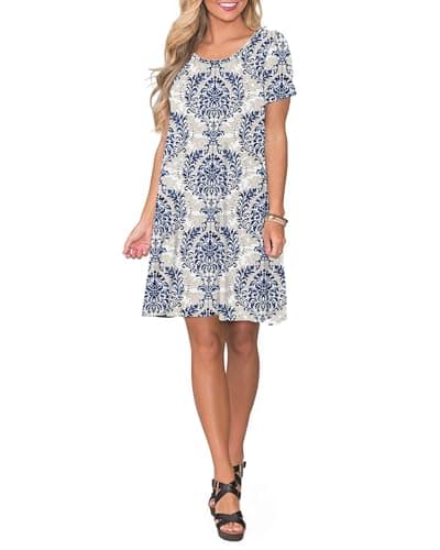 AUSELILY Women's Summer Dresses Casual T-Shirt Short Sleeve Dress Loose Swing Short Dress with Pockets