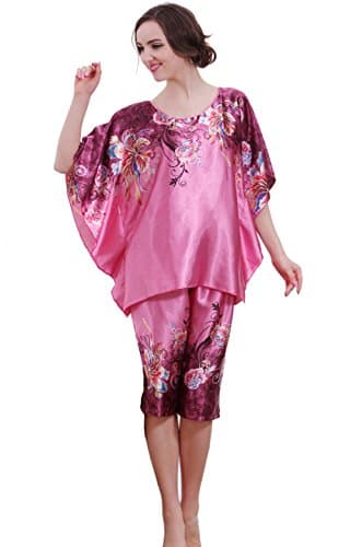 OLIVERY Womens Faux Silk Sleepwear 2 Pcs Top & Crop Pants Lingerie (Violet)