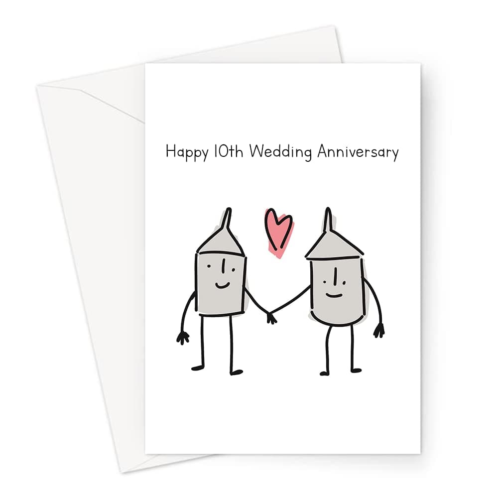 Happy 10th Wedding Anniversary Greeting Card | Tin Wedding Anniversary Card, Two Tin Cans In Love, For Spouse, Married Ten Years
