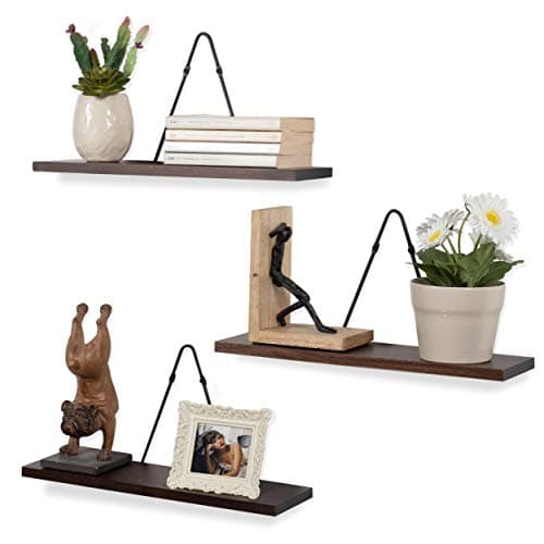 Rustic State Moma Wall Mount Triangle Bracket Rectangular Floating Shelf Wood Hand Stained Walnut Set of 3