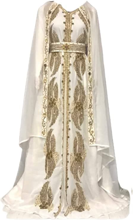 Kaftans for Women Dubai Kaftan Abaya Farasha Moroccan Fancy Gown Evening Dress Farasha Embroidered Long Dress by Adiba Attire (White, Medium)