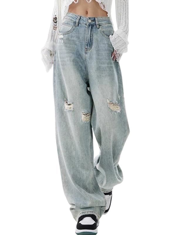 EMMIOL Women Baggy Jeans Mid-Low Waist Boyfriend Streetwear Vintage Jeans Wide Leg Denim Pants