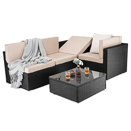 PAMAPIC 5 Pieces Patio Furniture,Outdoor Rattan Sectional Sofa Conversation Set with Tea Table and Washable Cushions, Beige