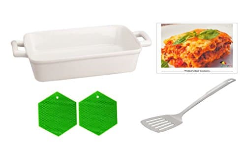 Lasagna Casserole Ceramic Dish 5 Piece Gift Bundle Includes 1 Lasagna Pan 1 Slotted Lifter 2 Silicone Pot Holders 1 Recipe Perfect for Your Own Personal Dinner