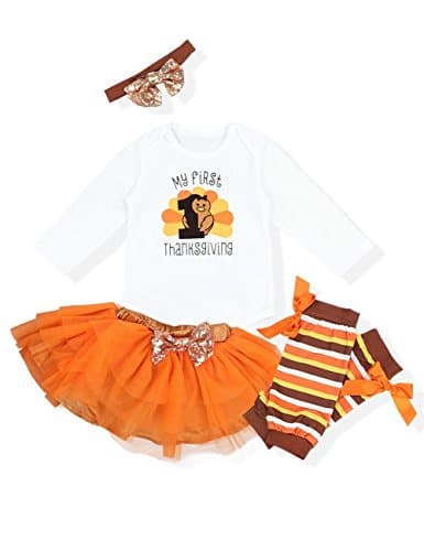 My First Thanksgiving Baby Girl Outfits Letter Romper Bodysuit Orange Skirt with Headband Clothes Set 6-9 Months