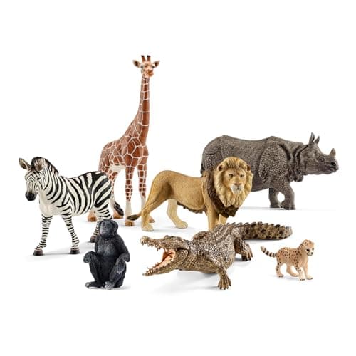 Schleich Animals Wild Life Safari Animals Figures 7-Piece Animal Figurines Set with Lion, Giraffe, Zebra, Bonobo, Rhino, Crocodile and Cheetah Cub Toy