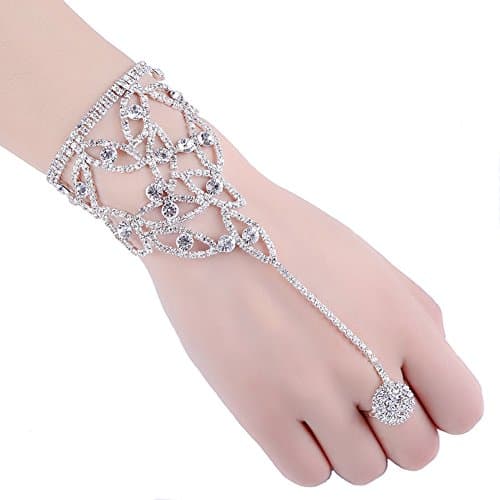 2 Pcs Fashion Women Girl Rhinestone Hand Harness Bracelet Bangle Slave Chain Link Finger Ring Bracelet