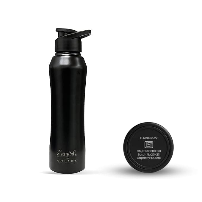 SOLARA Stainless Steel Water Bottle for adults 1 Litre (Pack of 1), Single walled, Steel water bottle 1 ltr, water bottle for school kids, Girls, Travel, Gym, Office, Black Knight