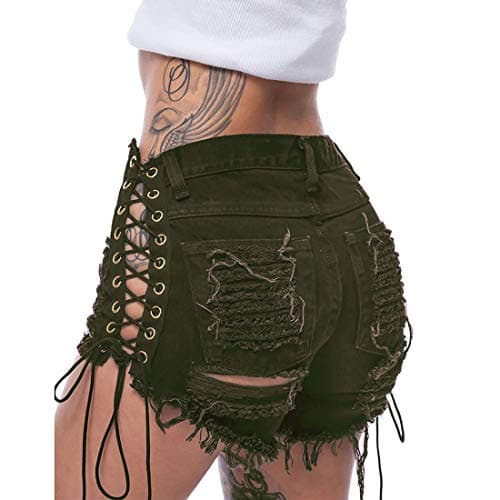 Weigou Women Shorts Womens Ripped Hole Bandage Denim Shorts Lace Up Short Jeans (Green, S)