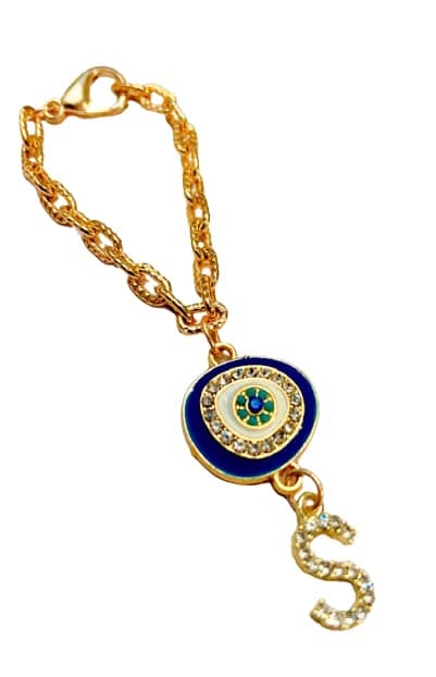 Sturdy Rose Gold Watch Charm of Evil Eye and S Initial Diamond Alphabet Pendant, Watch Charm, Giftable for Wife, Sister or Friends Pack of 1