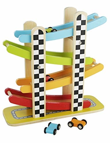 Colorful Wood Race Track Ramp with 4 Wooden Race Cars - Solid Wood Educational Baby Toy for Toddler Boys and Girls Age 18-24 Months, 2 Years and Up - Classic Early Development Vehicle Playset Toy