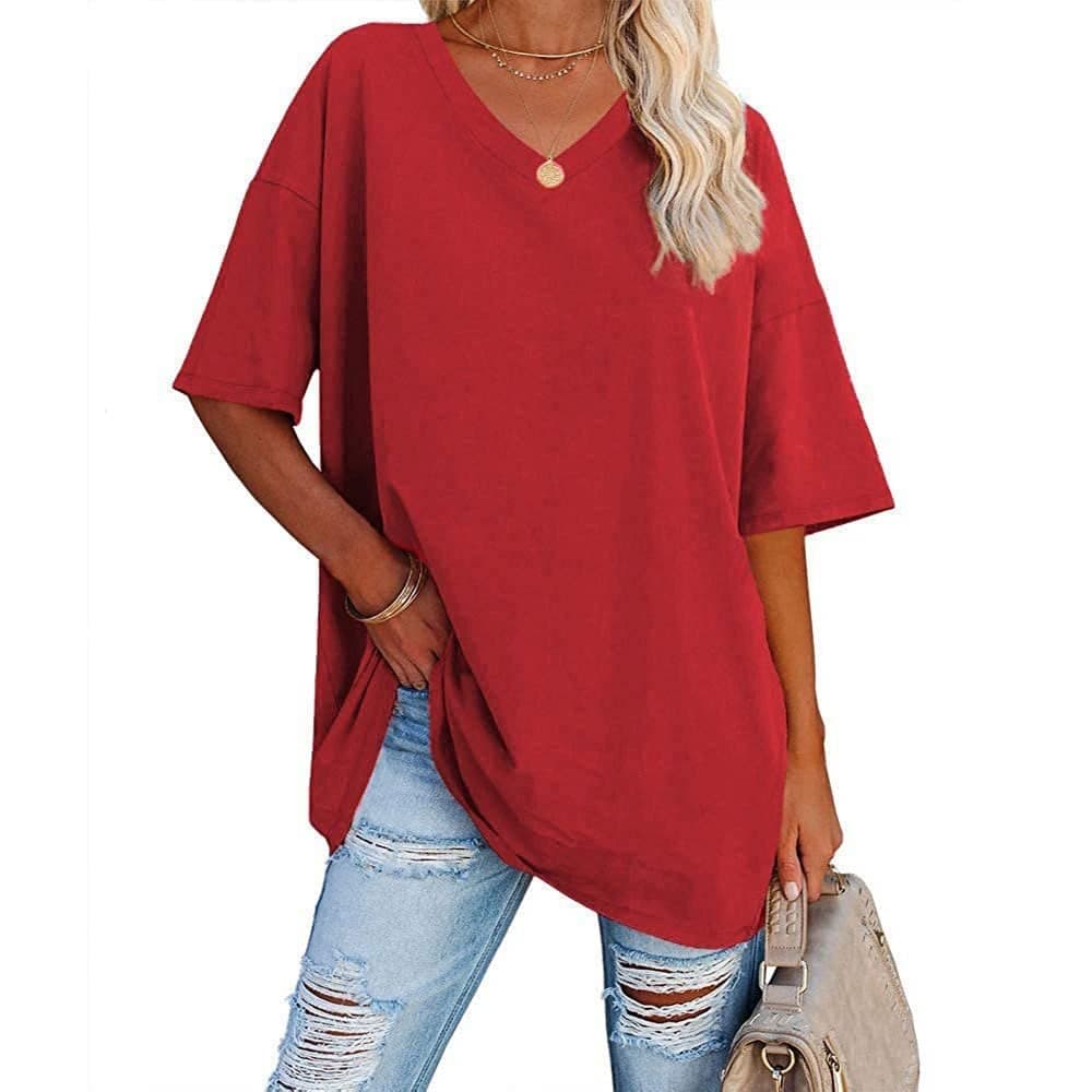 Women's Summer Casual V Neck Half Sleeve T Shirt Ladies Short Sleeve Oversized Baseball Tshirts Tunic Tops