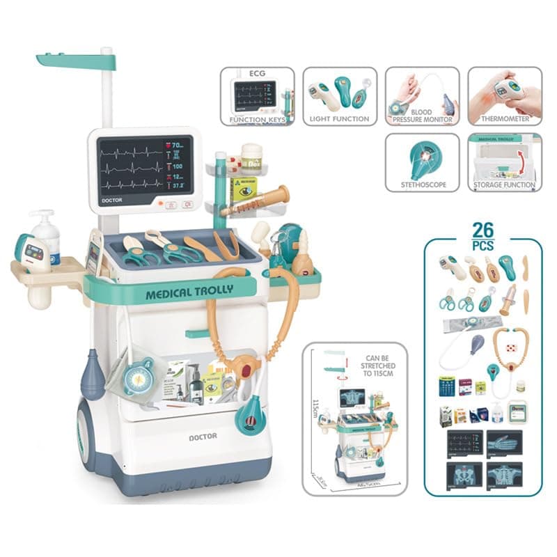 Serena & Jewel Kit for Kids 26 Accessories Pretend Medical Station Set Mobile Cart with Lights, Thermometer, Stethoscope, Role Play Educational Toys for Boys & Girl Kids