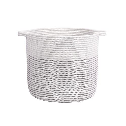 M2 Home Accessories Cotton Rope Storage Basket with Handles – Woven Baskets for Kids’ Toys – Laundry Baskets Nursery Hamper - 13" x 15" (White w/Gray Stitching)