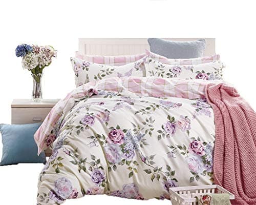 Swanson Beddings Pink Purple Roses 2-Piece 100% Cotton Bedding Set: Duvet Cover and One Pillow Sham (Twin)