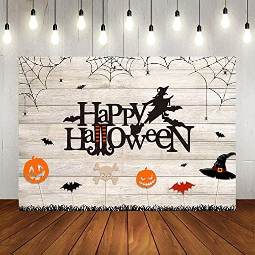 Halloween Backdrop Happy Halloween Wooden Floor Pumpkin Witch Magic Hat Bat Spider Web Portrait Photo Background Family Dress-up Party Event Decorations Banner Supplies 7x5ft Vinyl