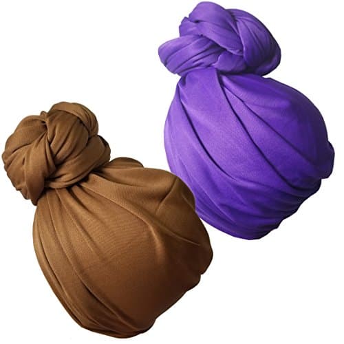 Stretch Head Wrap - Long Black Head Wrap Turban Hair Scarf Tie 2pcs set or 1Pcs (3sd lightbrownpurple)