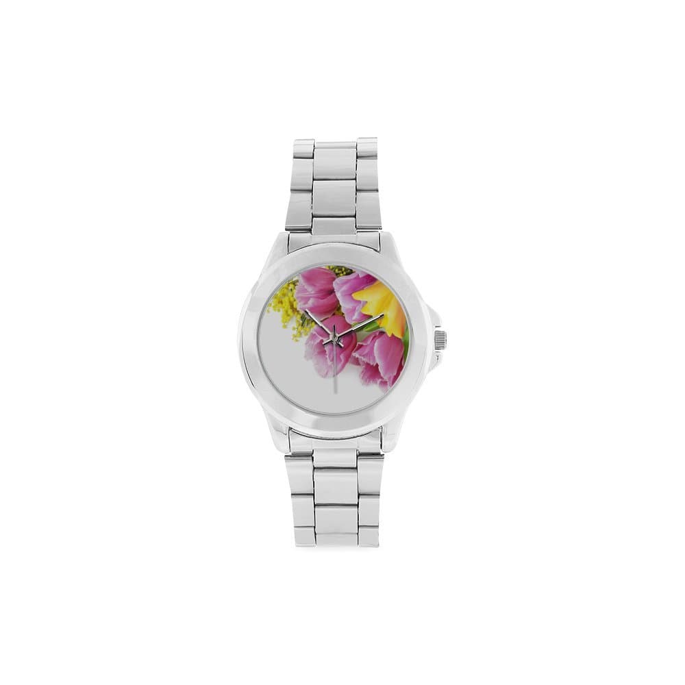 Pink and Yellow Tulips Flowers Unisex Stainless Steel Watch