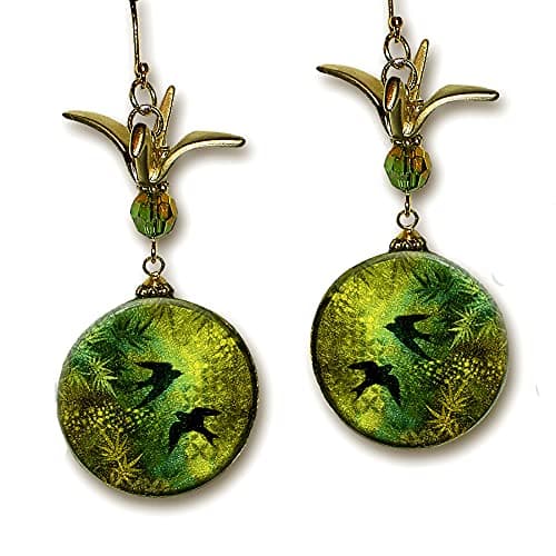 Asian Origami Bird Earrings - Two Sided Shimmerz Glass Art Earrings - Voyageur Collection - Asian Jade Origami Bird Kimono Earrings