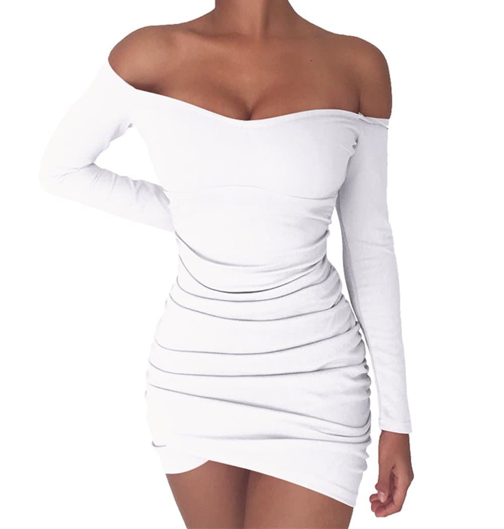 Skyvo Womens Off Shoulder Sexy Tight Short Dress Long Sleeves Summer 3 Color Mini Tunic Dress