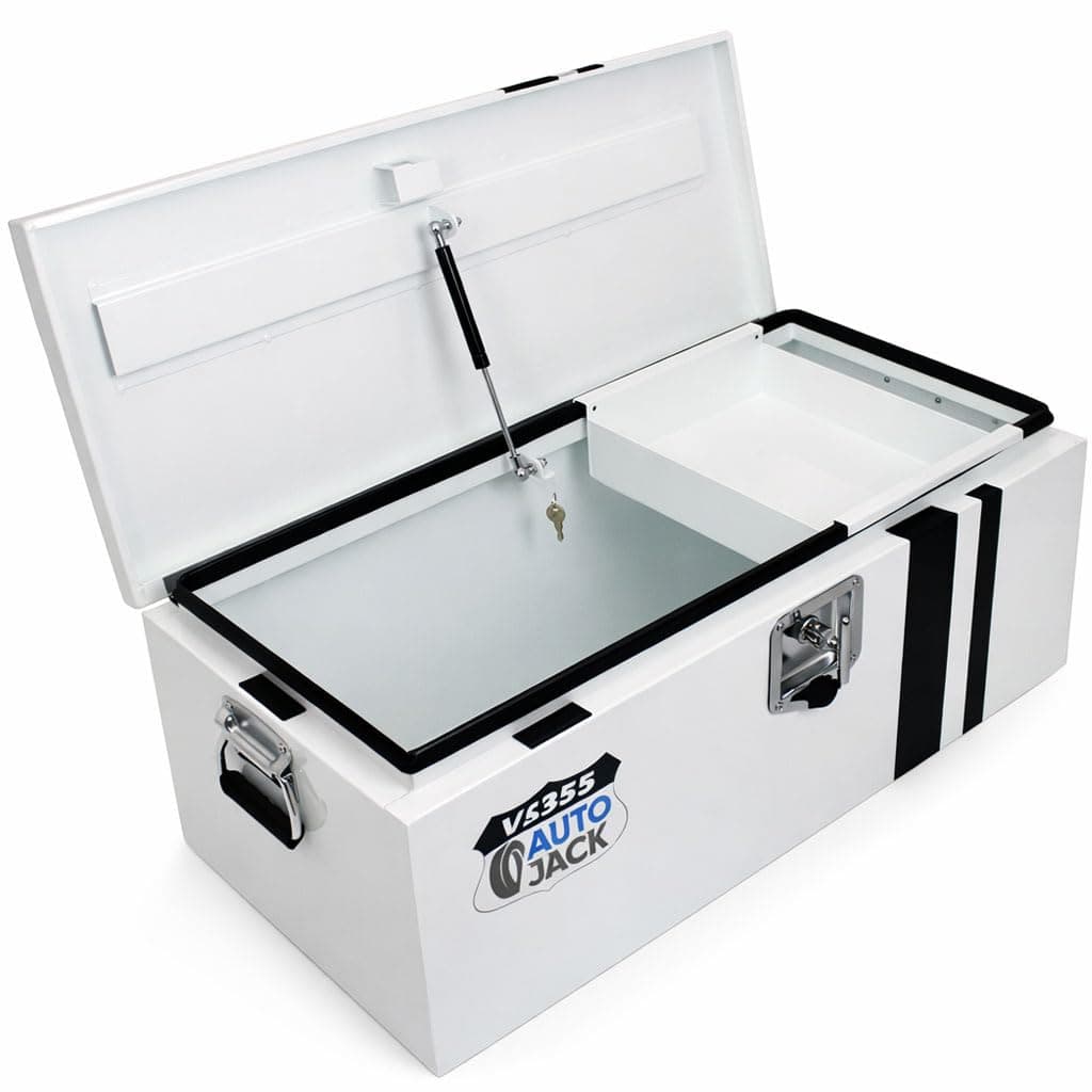 Autojack Van Storage Safe Heavy Duty Metal Steel Site Tool Chest Security Vault 355mm Key Lock with Carry Handles & Gas Struts White