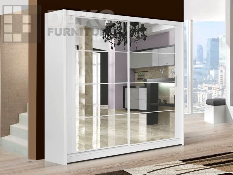 Sliding Mirrored 2 Door Wardrobe - DAKOTA White W203/H215/D61cm Modern Bedroom Wardrobes With Mirror Double Wardrobe For Bedroom With Two Doors Shelves Hanging Rail