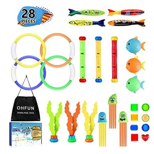 OHFUN 28 Pcs Dive Toys Pool Toys Underwater Swimming Toys Set with Storage Bag Includes Diving Torpedos, Diving Rings, Diving Gems, Diving Sticks, Diving Fish, Octopuses Sinking Pool Toys for Kids