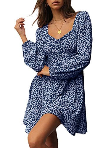 Yobecho Womens Summer Ruffle Sleeve Sweetheart Neckline Printing Dress (Small, X-Navy Blue)