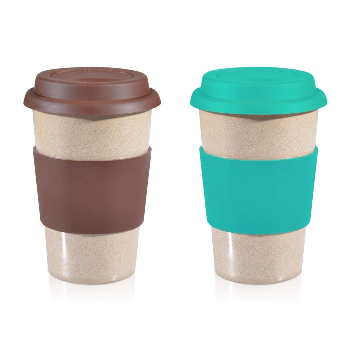 14oz ValuePack Sea Green + Brown 100% Organic EcoFriendly Reusable Travel Mug, To Go Takeaway Coffee Cup, Biodegradable Material FDA Approved BPA Free, Leak Proof Silicone Lid & Heat Resistant Grip