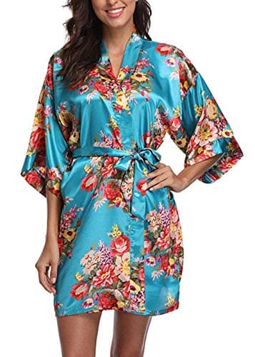 Women's Floral Satin Kimono Robe Short Silk Bathrobe Bride and Bridesmaid Sleepwear