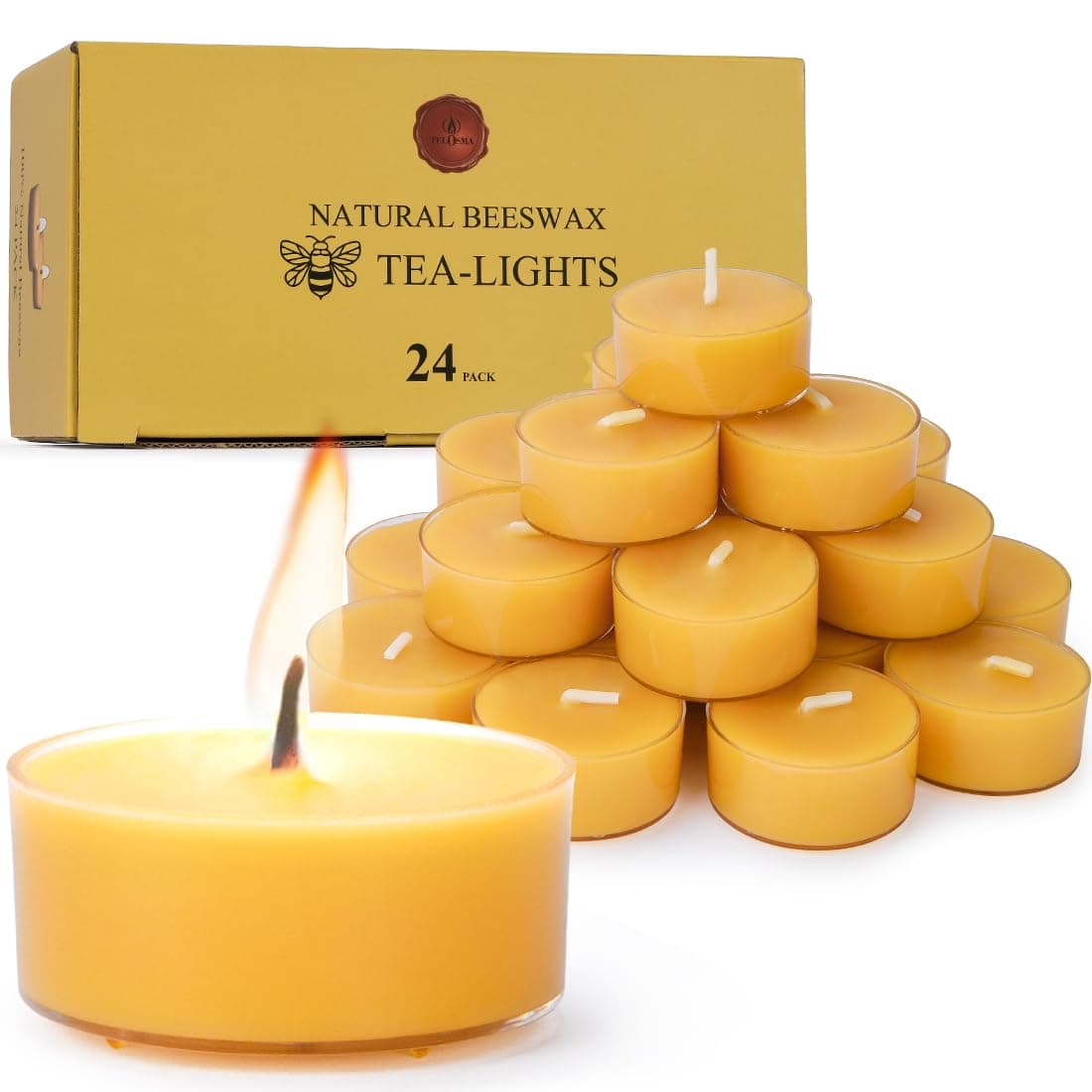 TELOSMA Natural Yellow Beeswax Tealight Candles - 24 pcs - Organic Candle Natural Scent Smokeless Clean Burning