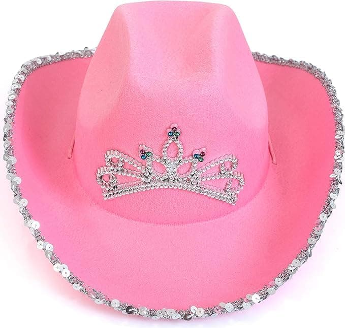 Skeleteen Pink Cowboy Hat - Pink Sequin Cowgirl Princess Hat with Crown Tiara Design