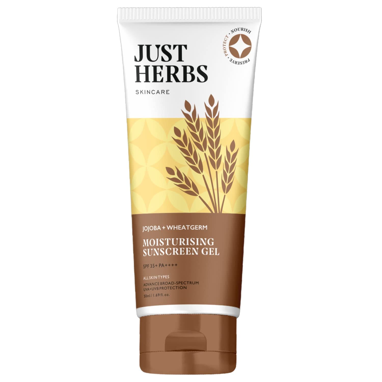 Just Herbs SPF 35+ Nosun Sunscreen Gel, Lightweight, Broad Spectrum PA 35++++ with Jojoba & Wheatgerm for Sun Damaged & All Skin Type for Men & Women- Paraben Free- 50ml
