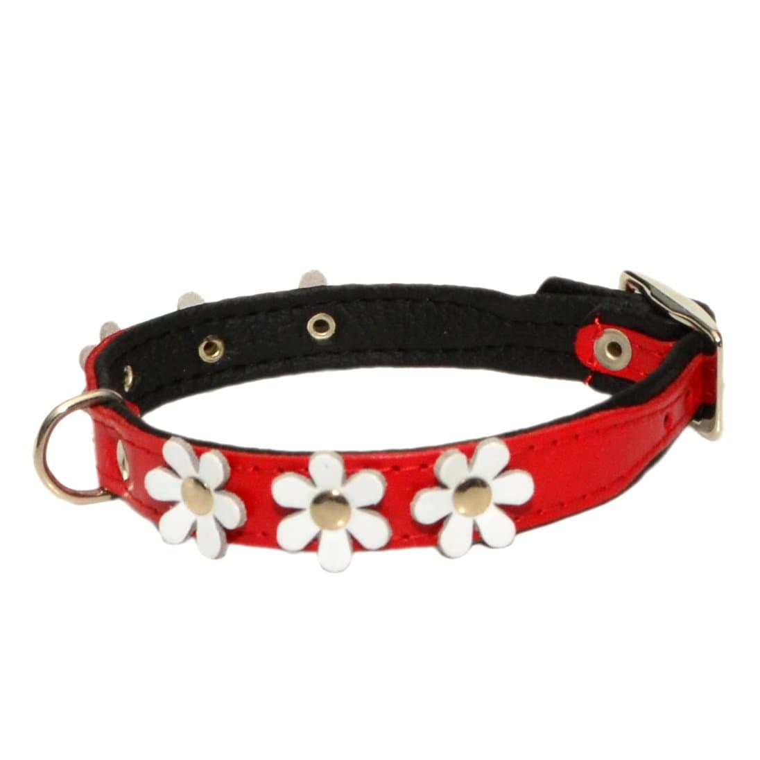 ZooleszczLEATHER DOG COLLAR FLOWER Designer DAISY COLOUR PADDED Handmade RED with BLACK lining and WHITE FLOWER (15.5" 1.5cm wide/ 40cm long)