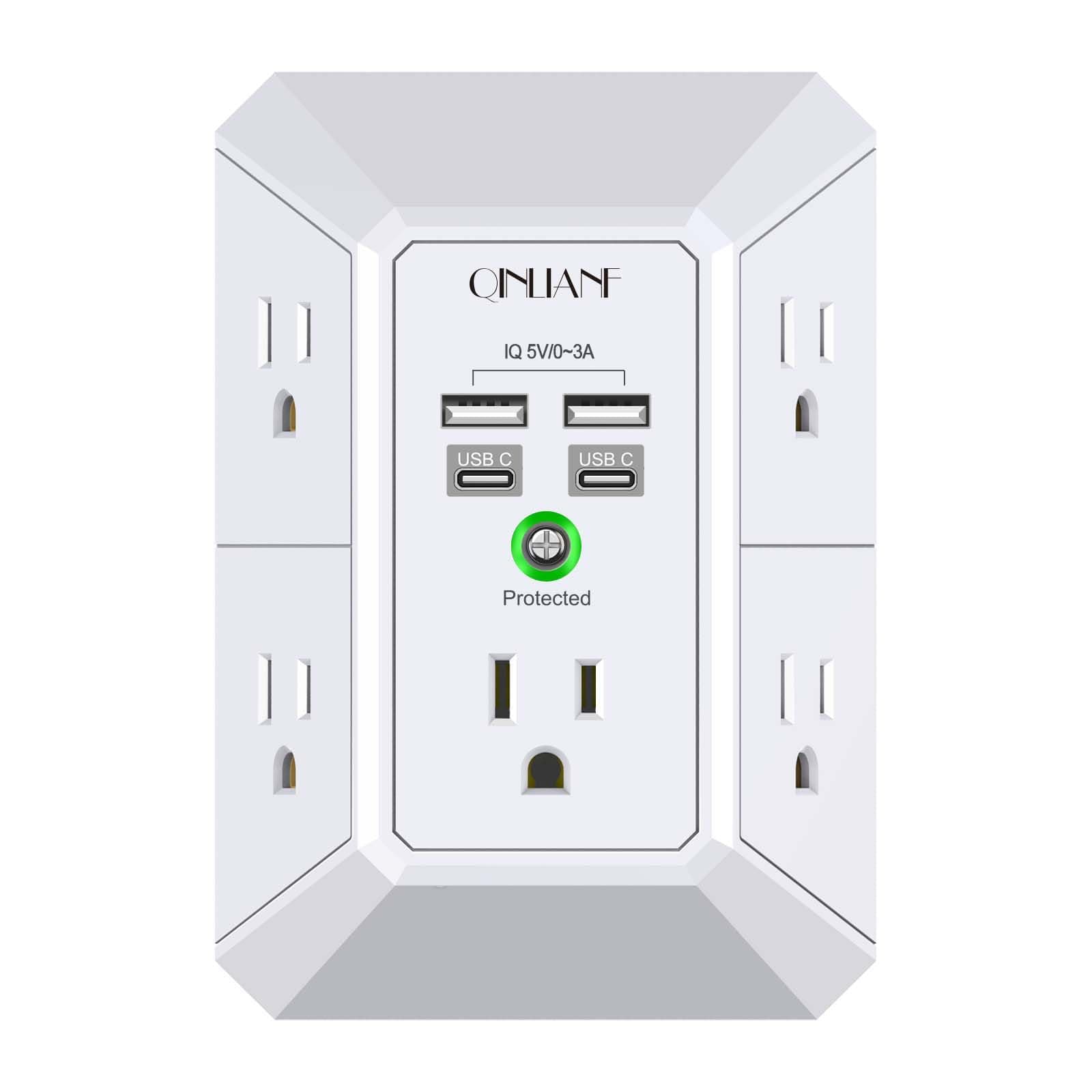 USB Wall Charger, Surge Protector, QINLIANF 5 Outlet Extender with 4 USB Charging Ports(2U2C) 3-Sided 1680J Power Strip Multi Plug Outlets Wall Adapter Spaced for Home Travel Office, White