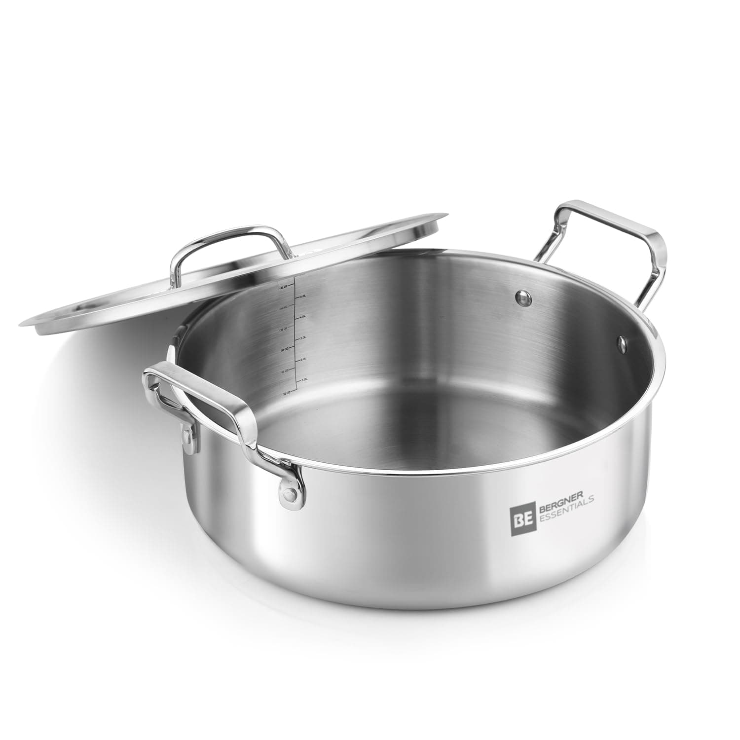 Bergner BE Bergner Essentials TriPly Stainless Steel 32 cm Shallow Biryani Pan with Stainless Steel Lid, Capacity 8.6 L, Shallow Tope/Langri for Biryani, Induction & Gas Compatible, 5-Year Warranty