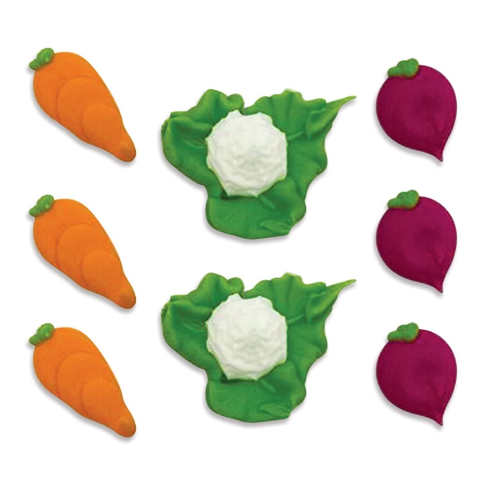 Hand-made Vegetable Patch Edible Sugarcraft Cake Toppers | Carrot, Cauliflower, Radish | 2-3cm each | SF611, Green, Orange, Violet