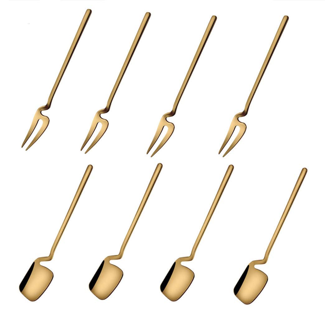 18/8 Stainless Steel Modern Thicken 5.5-Inch Golden Mini Fruit Appetizer Forks and Dessert Spoons Set (4 Forks + 4 Spoons)