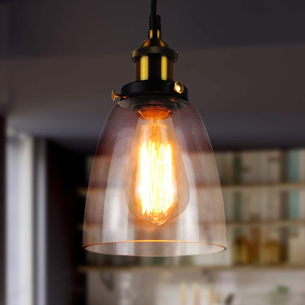 Glass Pendant Lamp Lantu Creative Vintage Industrial Metal Handmade Simple Transparent Glass Adjustable Chandelier Shade Loft Pendant Lamp Retro Ceiling Lamp Vintage Lamp (Belljar)