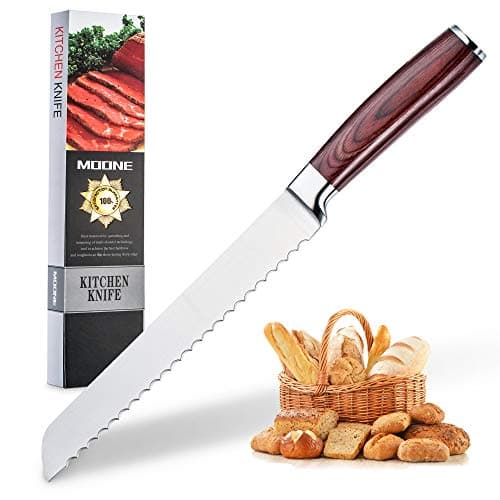 Moone Serrated Bread Knife 8 Inches High Carbon Stainless Steel Kitchen Cutlery with Wood Handle